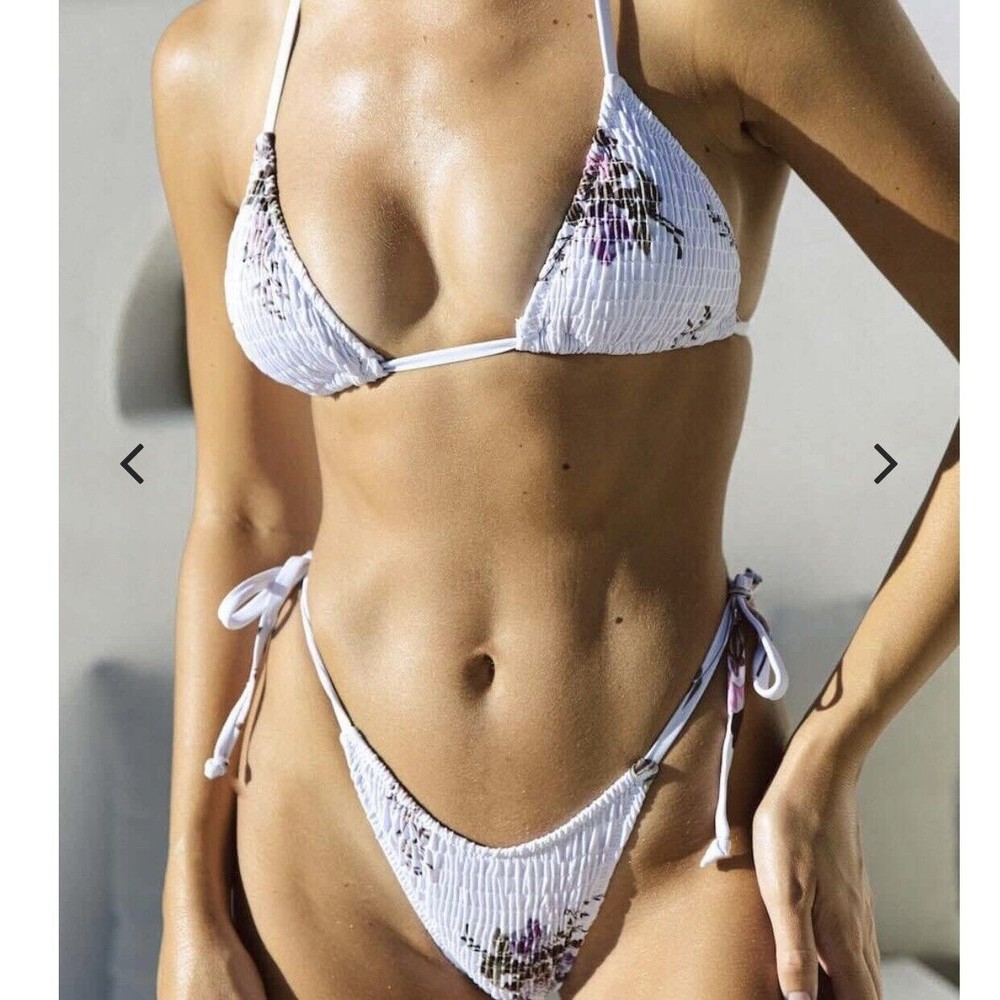 Haute Swimwear Bikinis Floral Zara Ruched  Ribbed Top (L) & Cheeky Bottoms (M)
